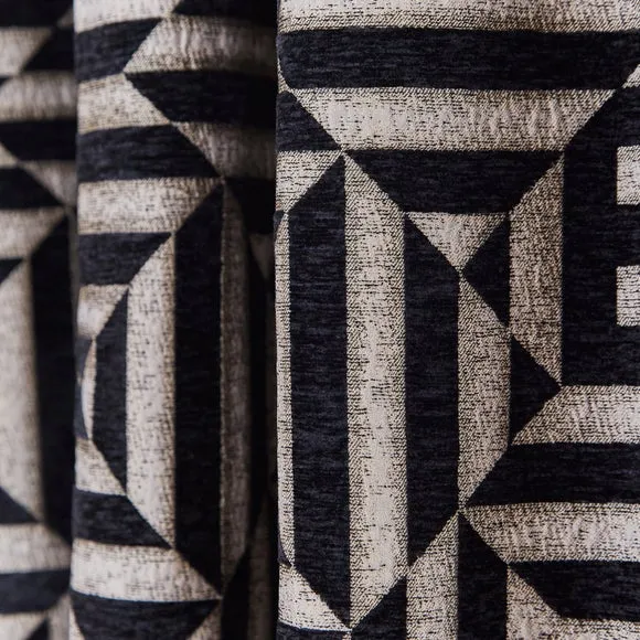 Pencil Pleat Curtains Geometric - Black, Chenille