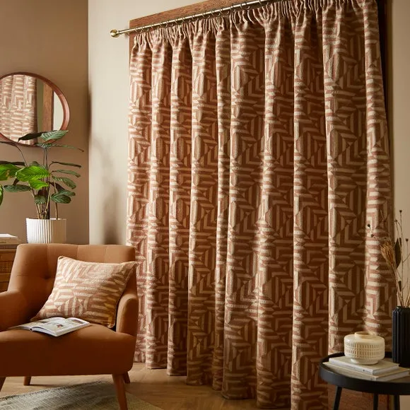 Pencil Pleat Curtains Geometric - Caramel, Chenille