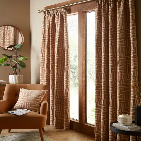 Pencil Pleat Curtains Geometric - Caramel, Chenille