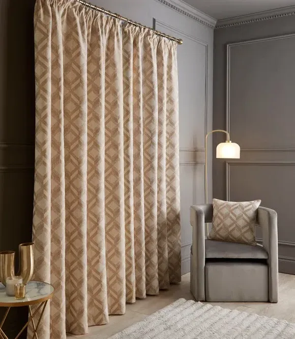 Pencil Pleat Curtains Geometric - Natural, Jacquard