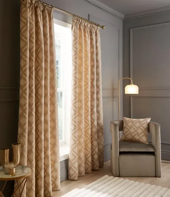 Pencil Pleat Curtains Geometric - Natural, Jacquard image