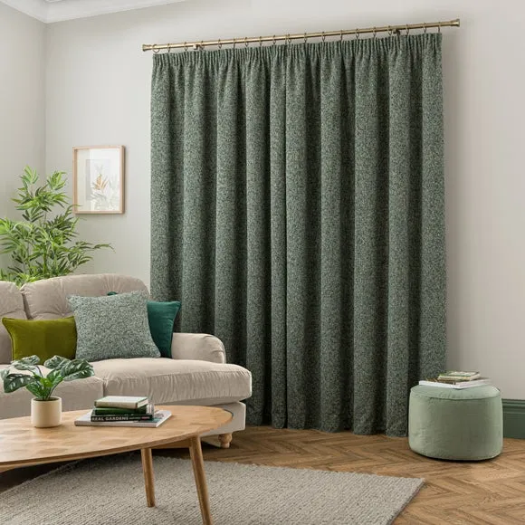 Pencil Pleat Curtains - Green, Chenille