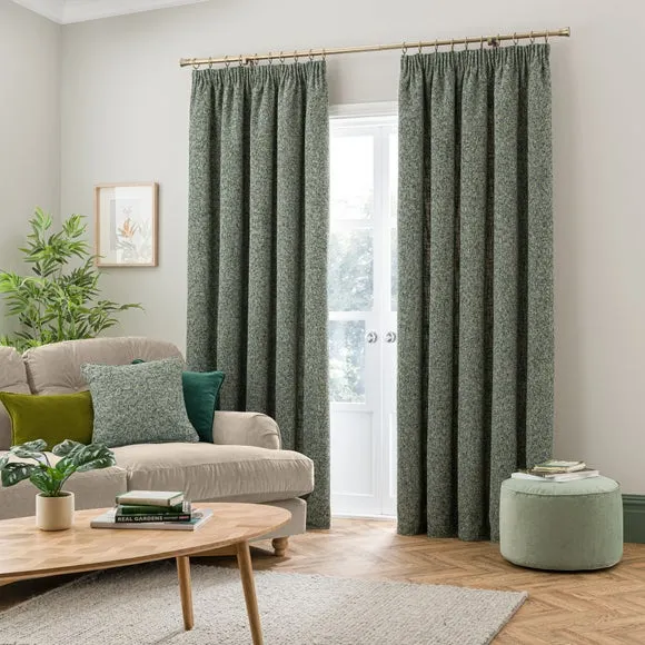 Pencil Pleat Curtains - Green, Chenille