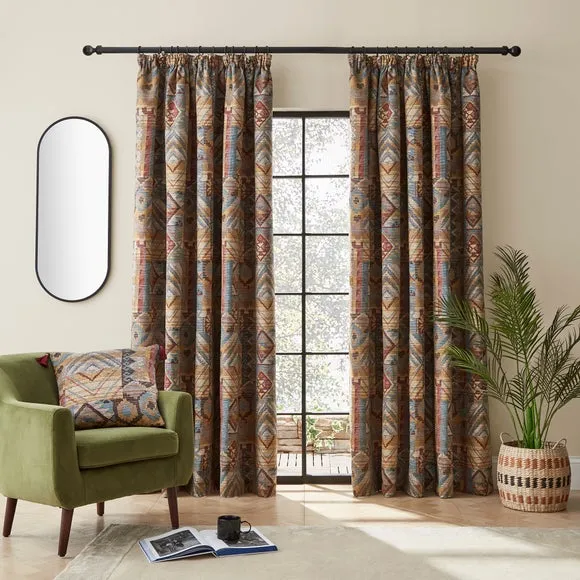 Pencil Pleat Curtains Lined - Red, Chenille