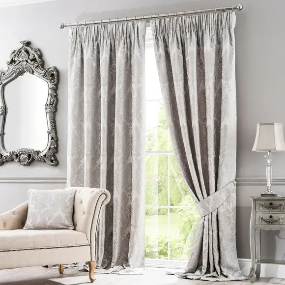 Pencil Pleat Curtains Lined - Silver, Jacquard