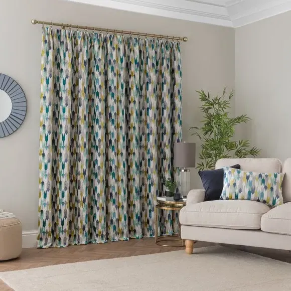 Pencil Pleat Curtains - Teal, Cut Velvet