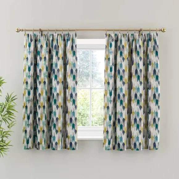 Pencil Pleat Curtains - Teal, Cut Velvet