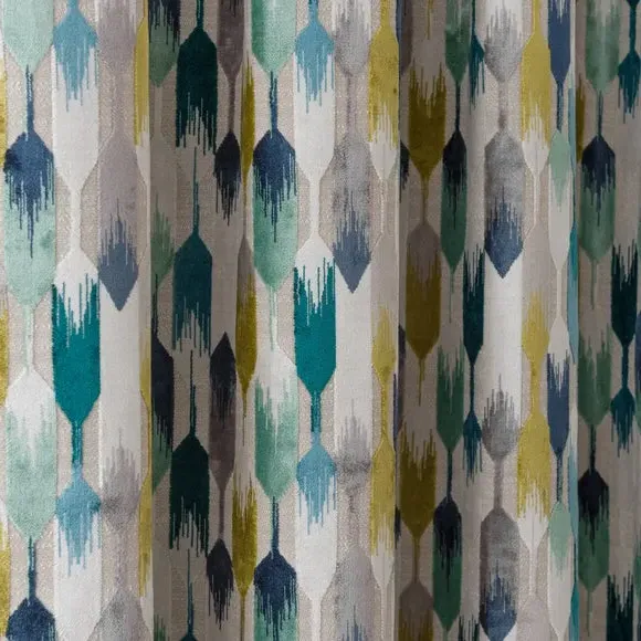 Pencil Pleat Curtains - Teal, Cut Velvet