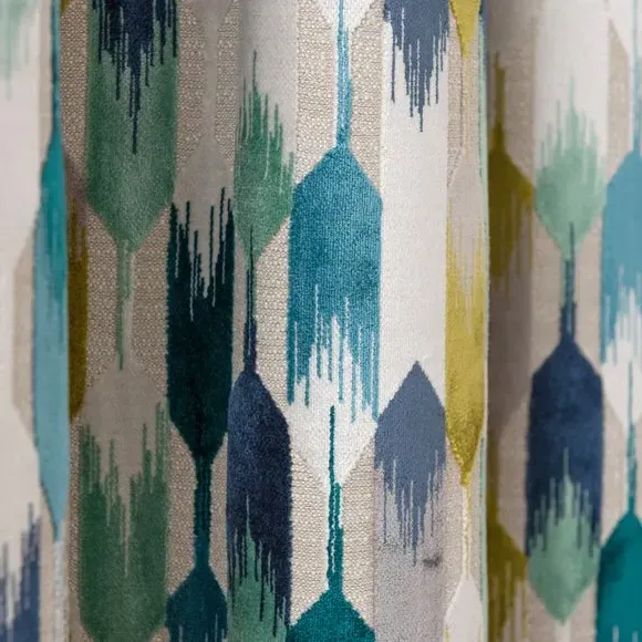 Pencil Pleat Curtains - Teal, Cut Velvet