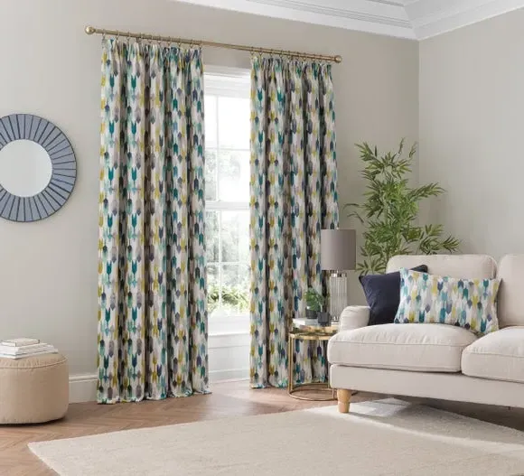 Pencil Pleat Curtains - Teal, Cut Velvet