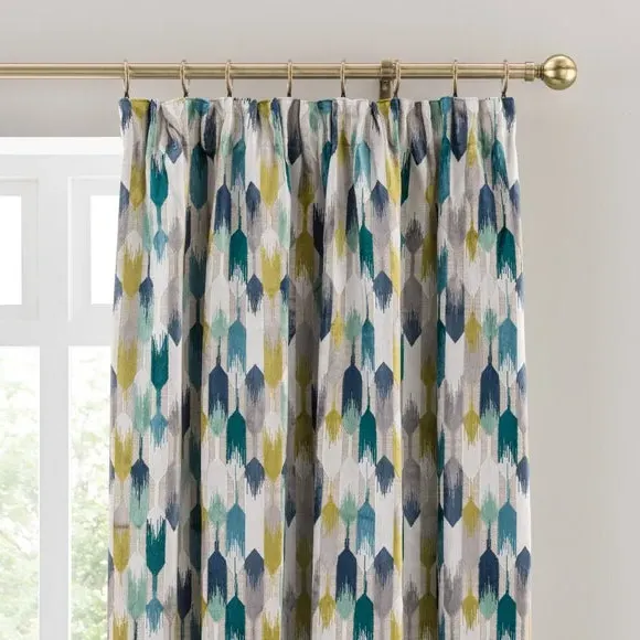 Pencil Pleat Curtains - Teal, Cut Velvet