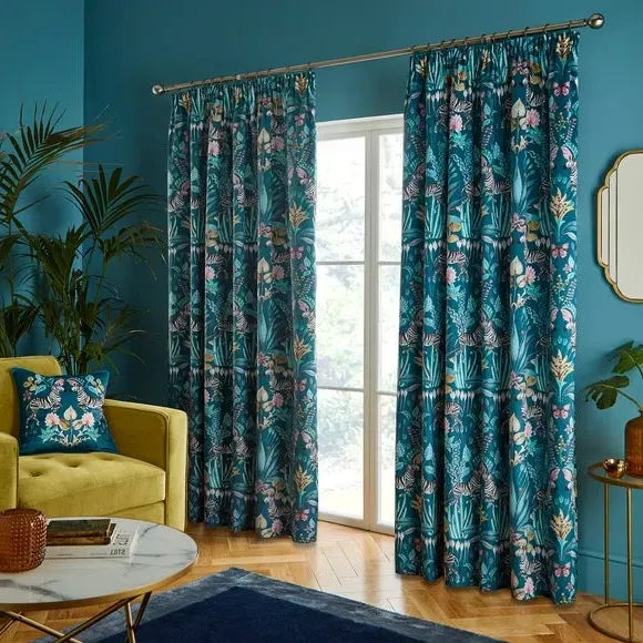 Pencil Pleat Curtains - Teal, Velour