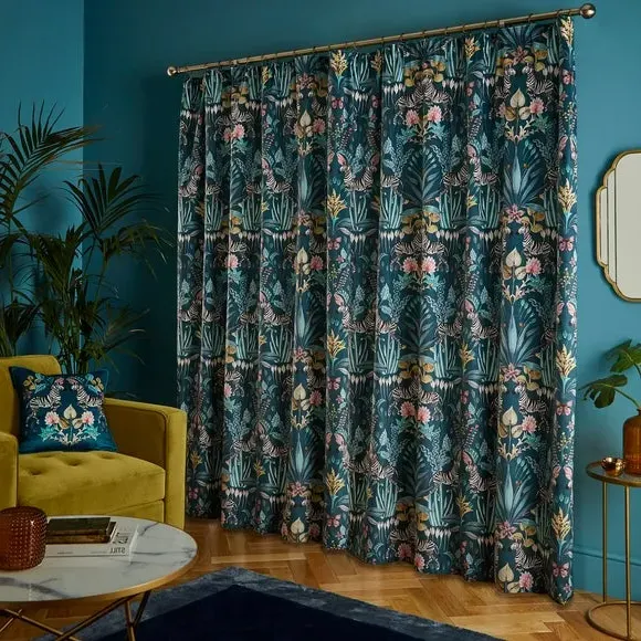 Pencil Pleat Curtains - Teal, Velour