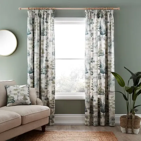 Pencil Pleat Curtains Watercolour Trees - Teal