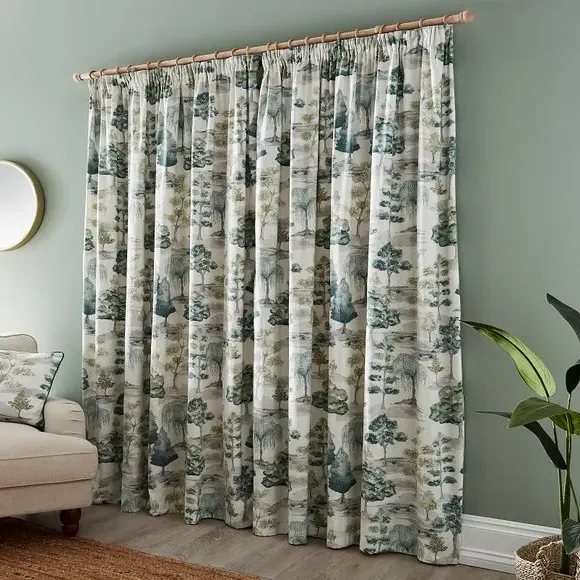 Pencil Pleat Curtains Watercolour Trees - Teal