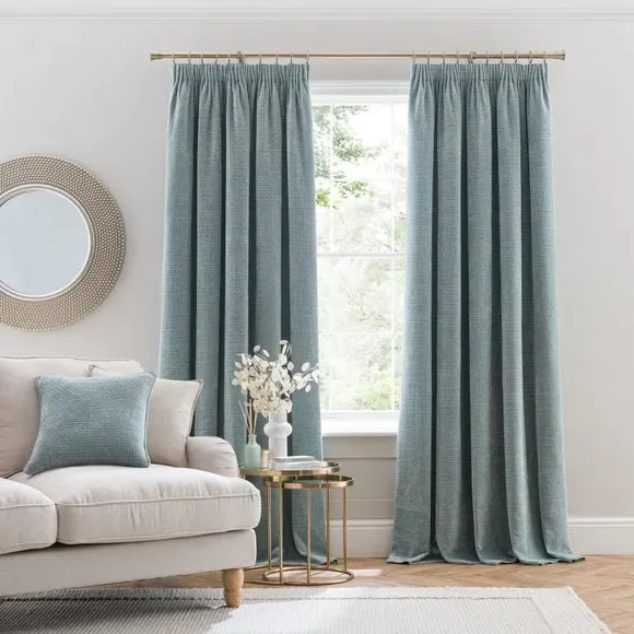 Pencil Pleat Curtains with Basketweave - Duck Egg