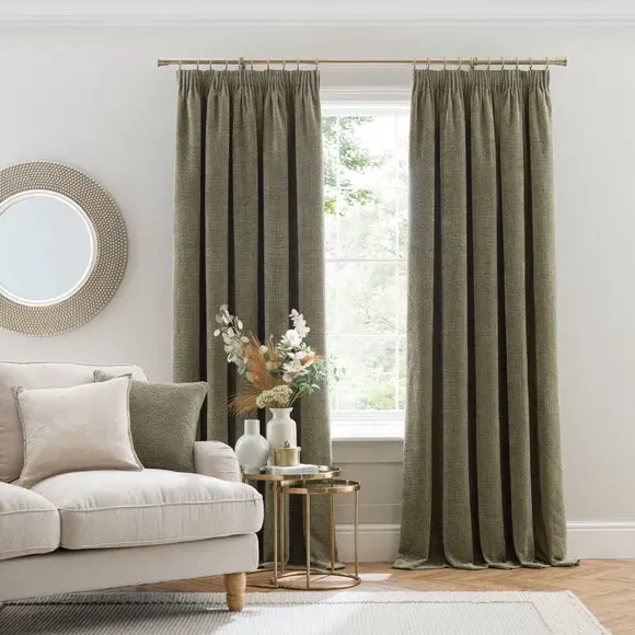 Pencil Pleat Curtains with Basketweave - Soft Olive