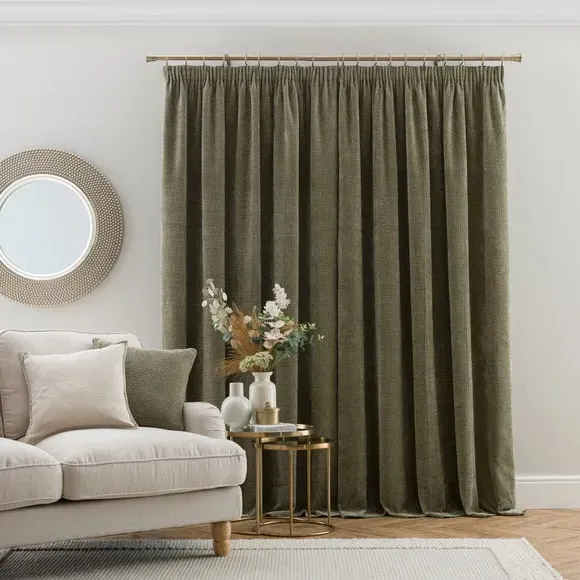Pencil Pleat Curtains with Basketweave - Soft Olive