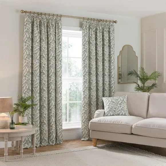 Pencil Pleat Curtains with Embroidery - Green