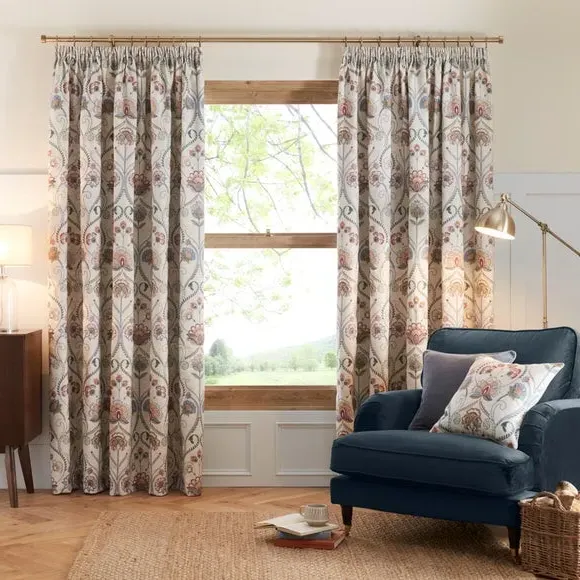 Pencil Pleat Curtains with Embroidery - Natural