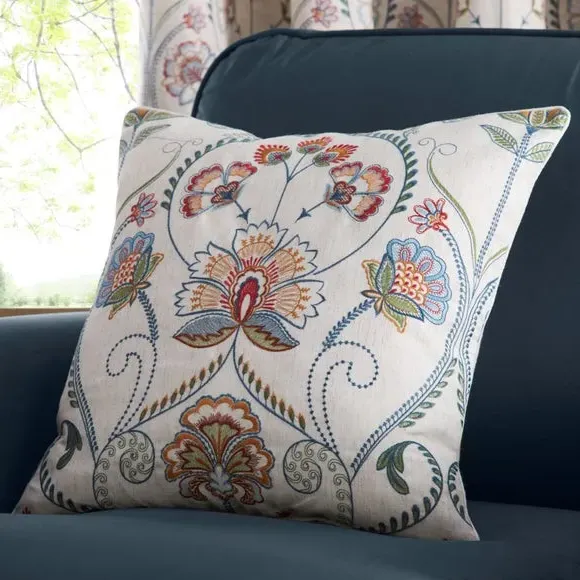 Pencil Pleat Curtains with Embroidery - Natural