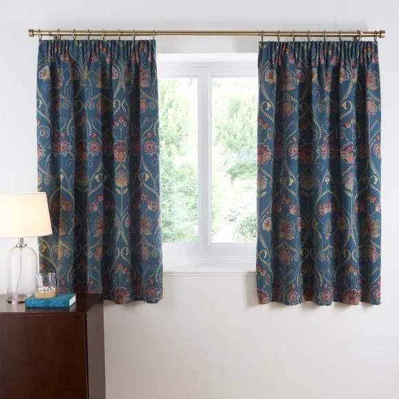 Pencil Pleat Curtains with Embroidery - Teal