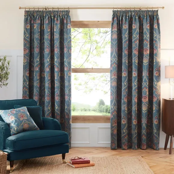 Pencil Pleat Curtains with Embroidery - Teal