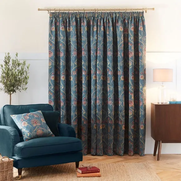 Pencil Pleat Curtains with Embroidery - Teal