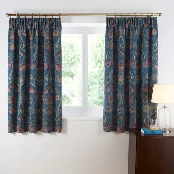 Pencil Pleat Curtains with Embroidery - Teal