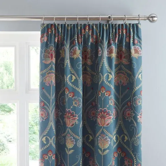 Pencil Pleat Curtains with Embroidery - Teal