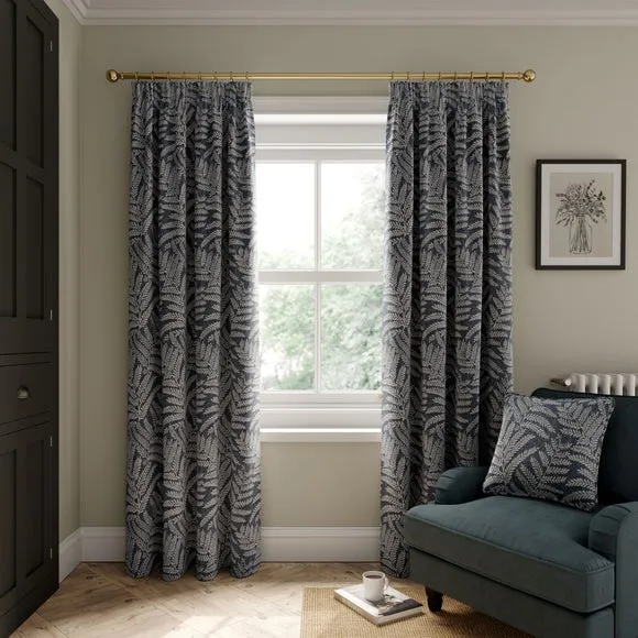 Pencil Pleat Curtains with Fern Pattern - Navy