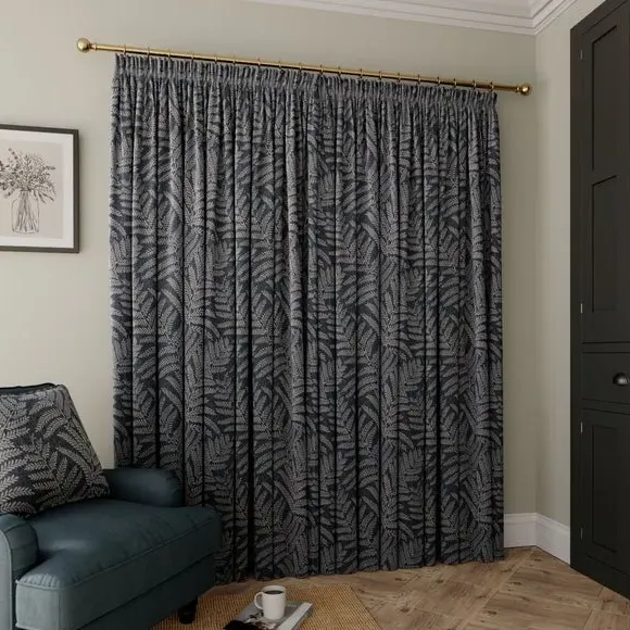 Pencil Pleat Curtains with Fern Pattern - Navy