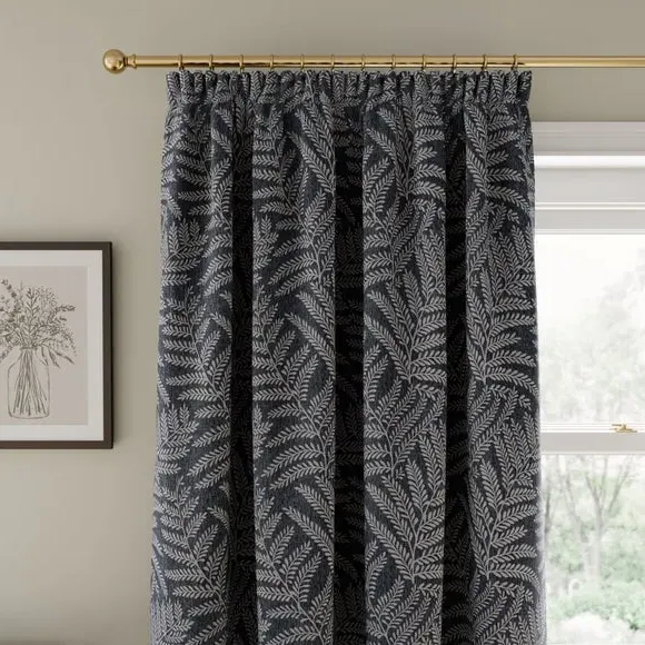 Pencil Pleat Curtains with Fern Pattern - Navy
