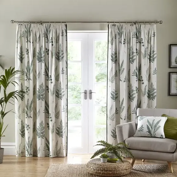 Pencil Pleat Curtains with Fern Print - Green, Cotton