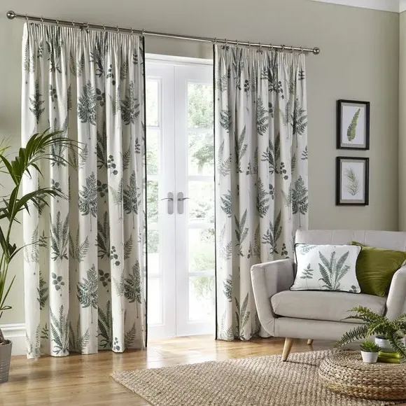 Pencil Pleat Curtains with Fern Print - Green, Cotton
