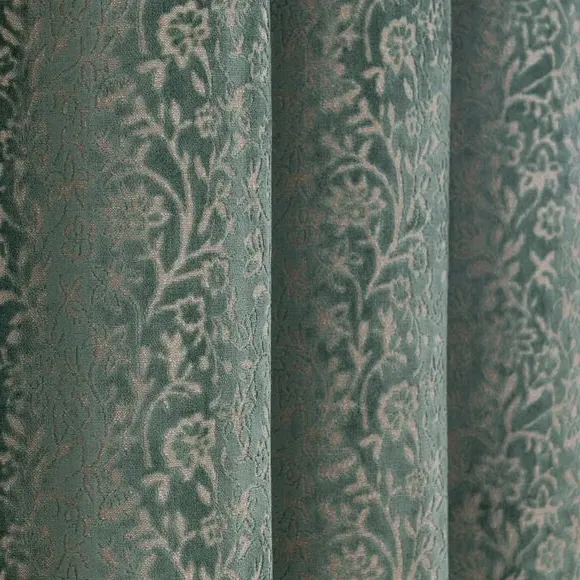 Pencil Pleat Curtains with Floral Design - Blue, Velvet
