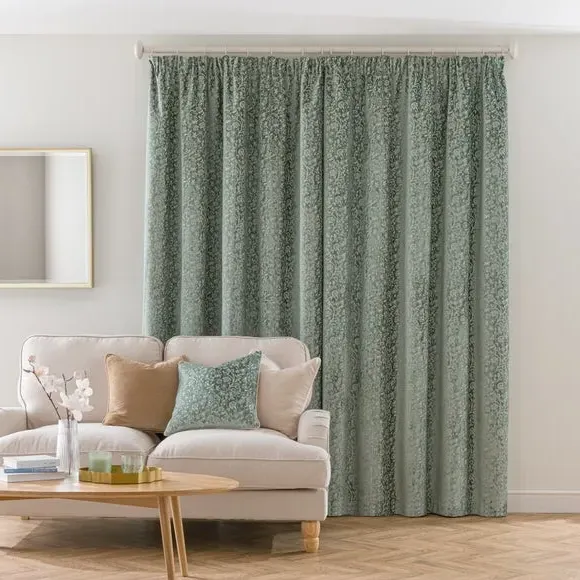 Pencil Pleat Curtains with Floral Design - Blue, Velvet