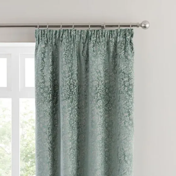 Pencil Pleat Curtains with Floral Design - Blue, Velvet image