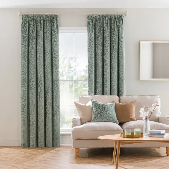 Pencil Pleat Curtains with Floral Design - Blue, Velvet