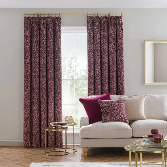 Pencil Pleat Curtains with Floral Design - Damson, Velvet
