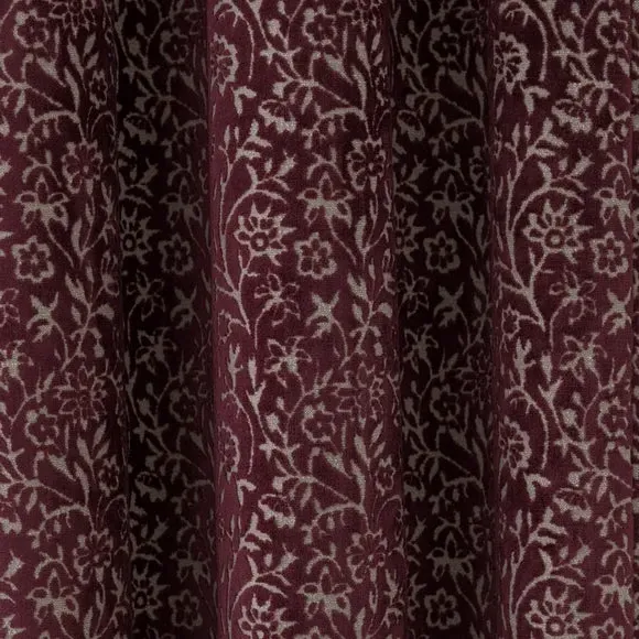 Pencil Pleat Curtains with Floral Design - Damson, Velvet