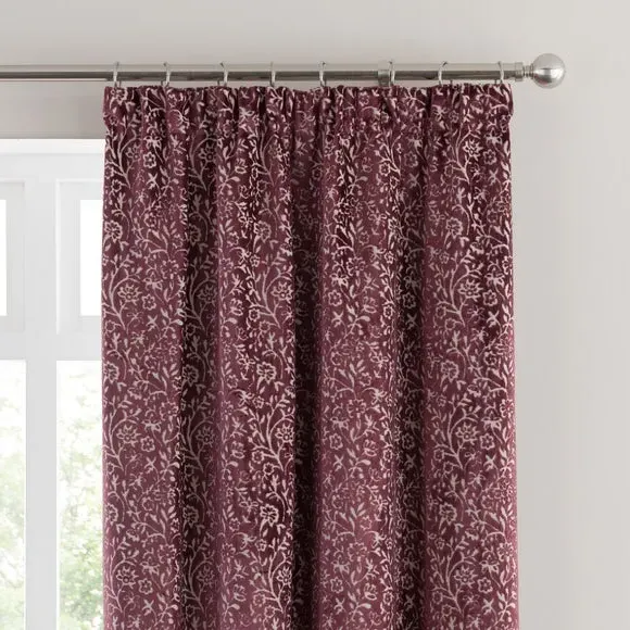 Pencil Pleat Curtains with Floral Design - Damson, Velvet