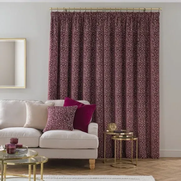 Pencil Pleat Curtains with Floral Design - Damson, Velvet