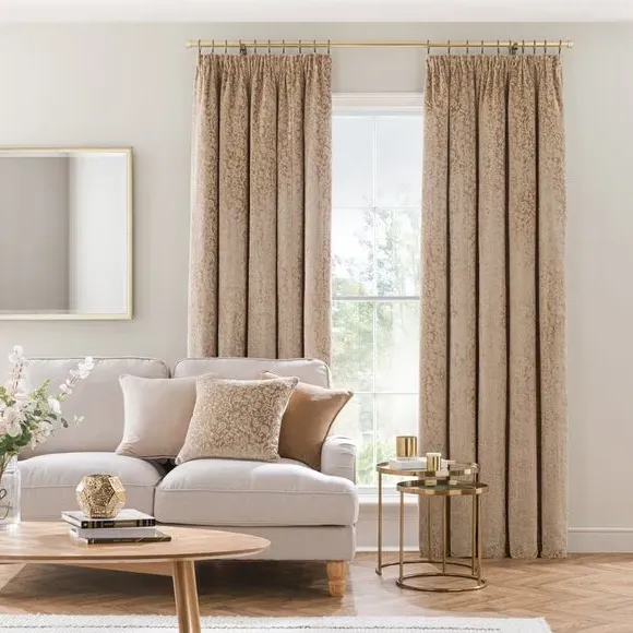 Pencil Pleat Curtains with Floral Design - Gold, Velvet