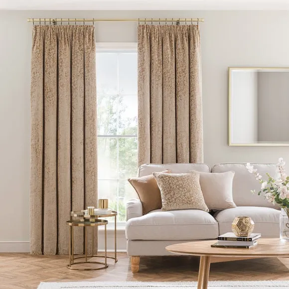 Pencil Pleat Curtains with Floral Design - Gold, Velvet