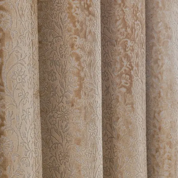 Pencil Pleat Curtains with Floral Design - Gold, Velvet