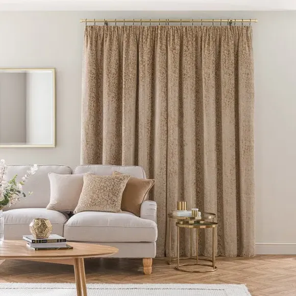 Pencil Pleat Curtains with Floral Design - Gold, Velvet