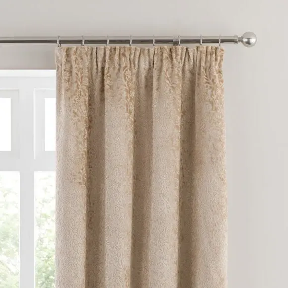 Pencil Pleat Curtains with Floral Design - Gold, Velvet
