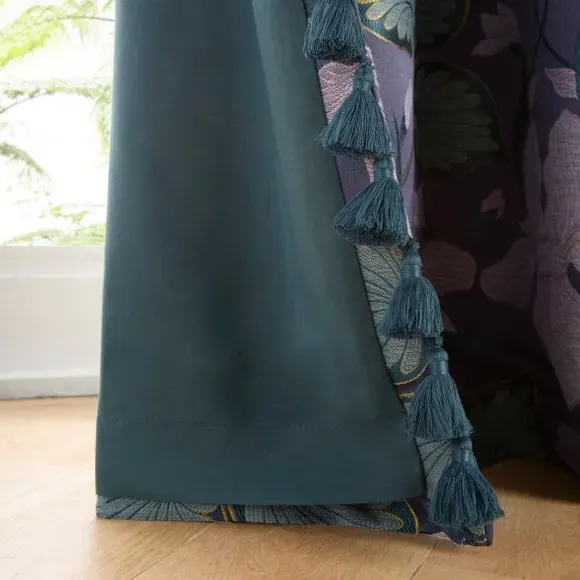 Pencil Pleat Curtains with Floral Design - Navy