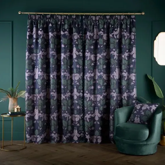 Pencil Pleat Curtains with Floral Design - Navy